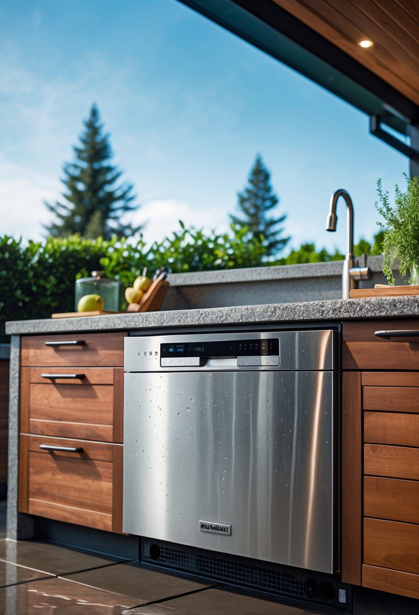 An outdoor kitchen with a built-in dishwasher surrounded by stone countertops and greenery under a clear sky.