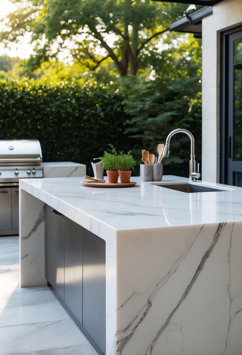Outdoor kitchen with a marble countertop, built-in grill, sink, and greenery in the background.