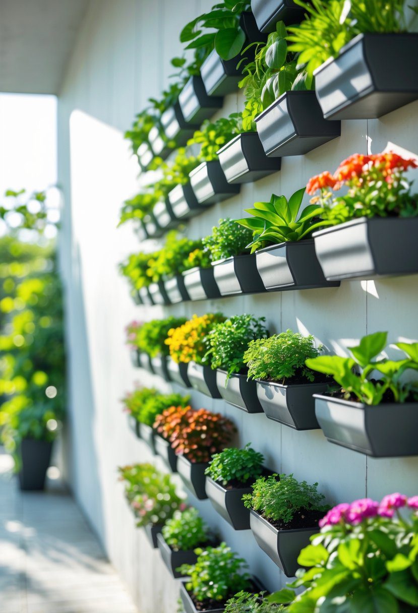 A vertical garden with sixteen small wall-mounted planters filled with green plants and colorful flowers arranged neatly on a light-colored wall.