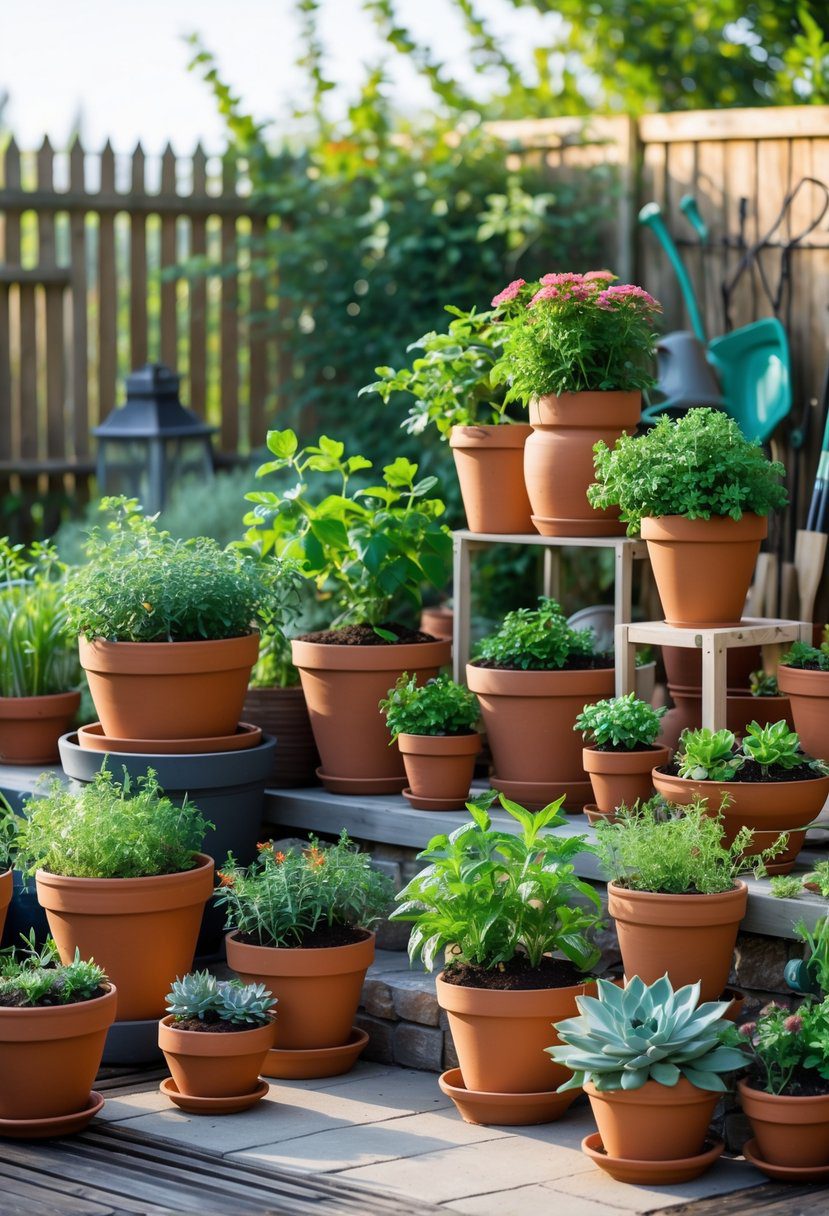 A variety of terracotta pots arranged outdoors, filled with different plants including herbs, flowers, and succulents.