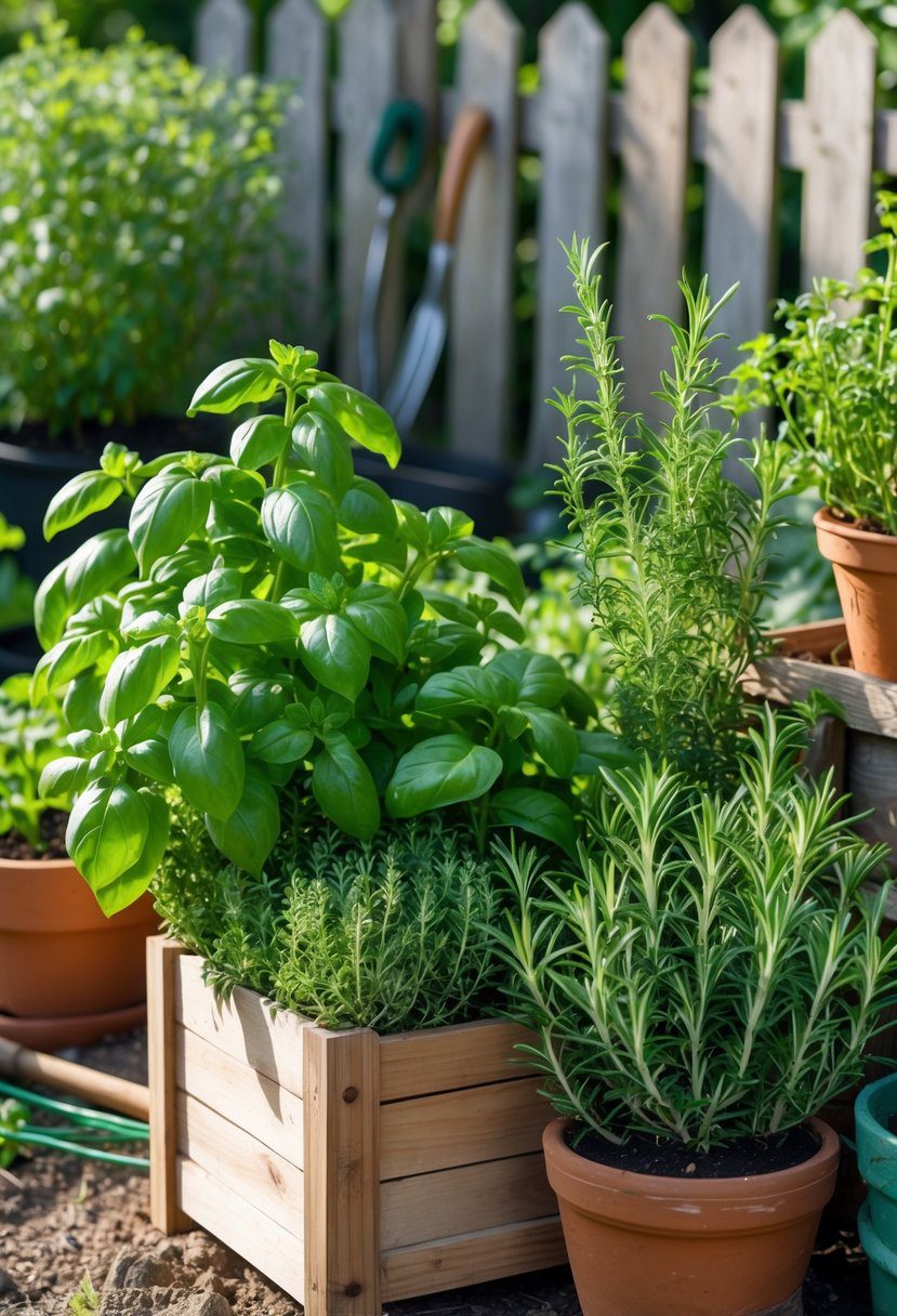 A small herb garden with basil, thyme, and rosemary plants growing in wooden and terracotta containers outdoors.