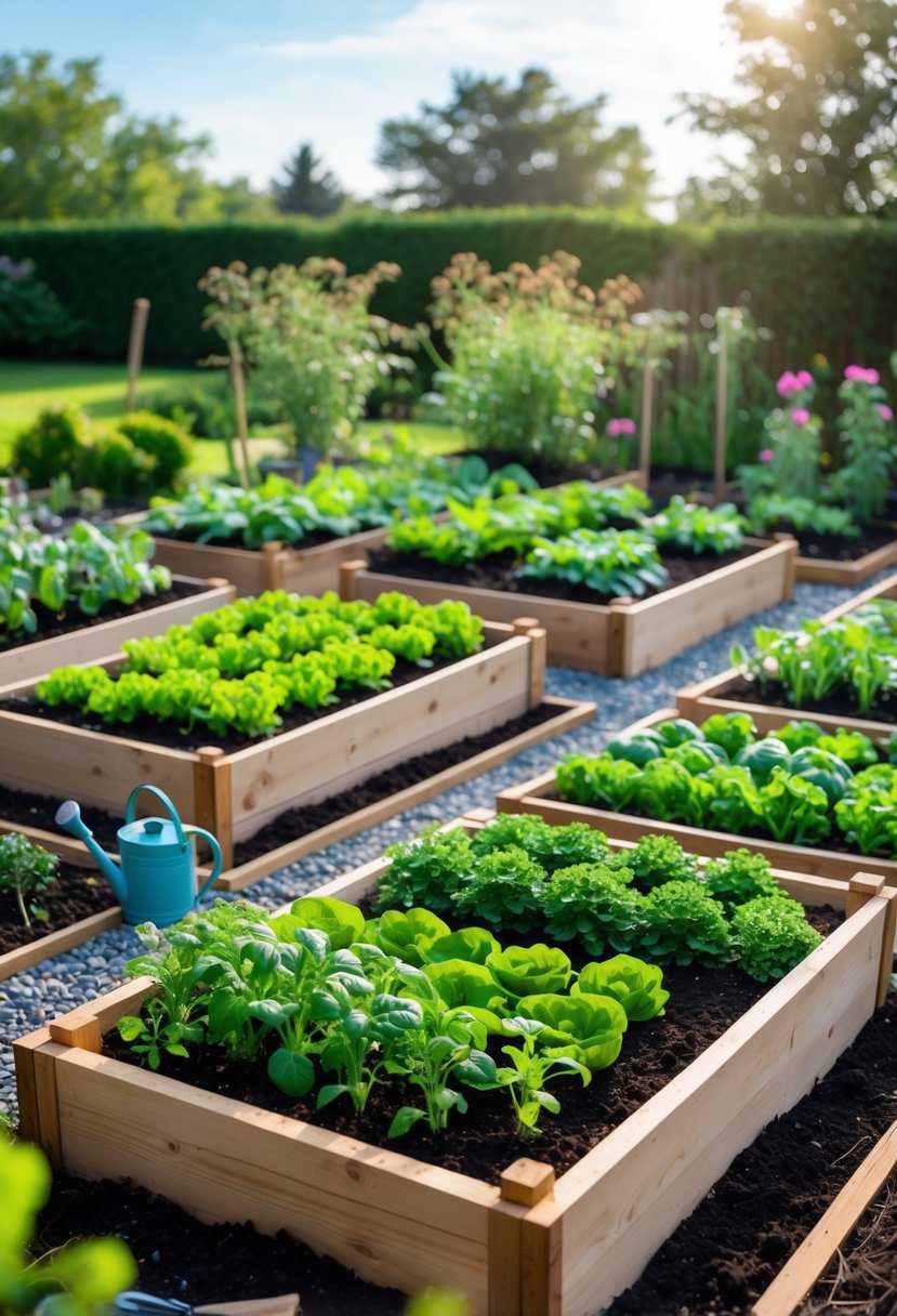 Outdoor garden with several wooden raised beds filled with soil and growing green plants and vegetables under a clear sky.