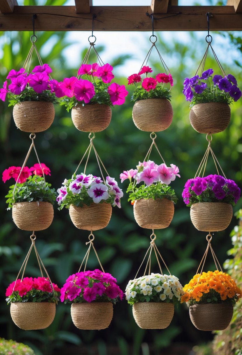 Sixteen hanging baskets filled with colorful blooming flowers arranged outdoors in a garden setting.