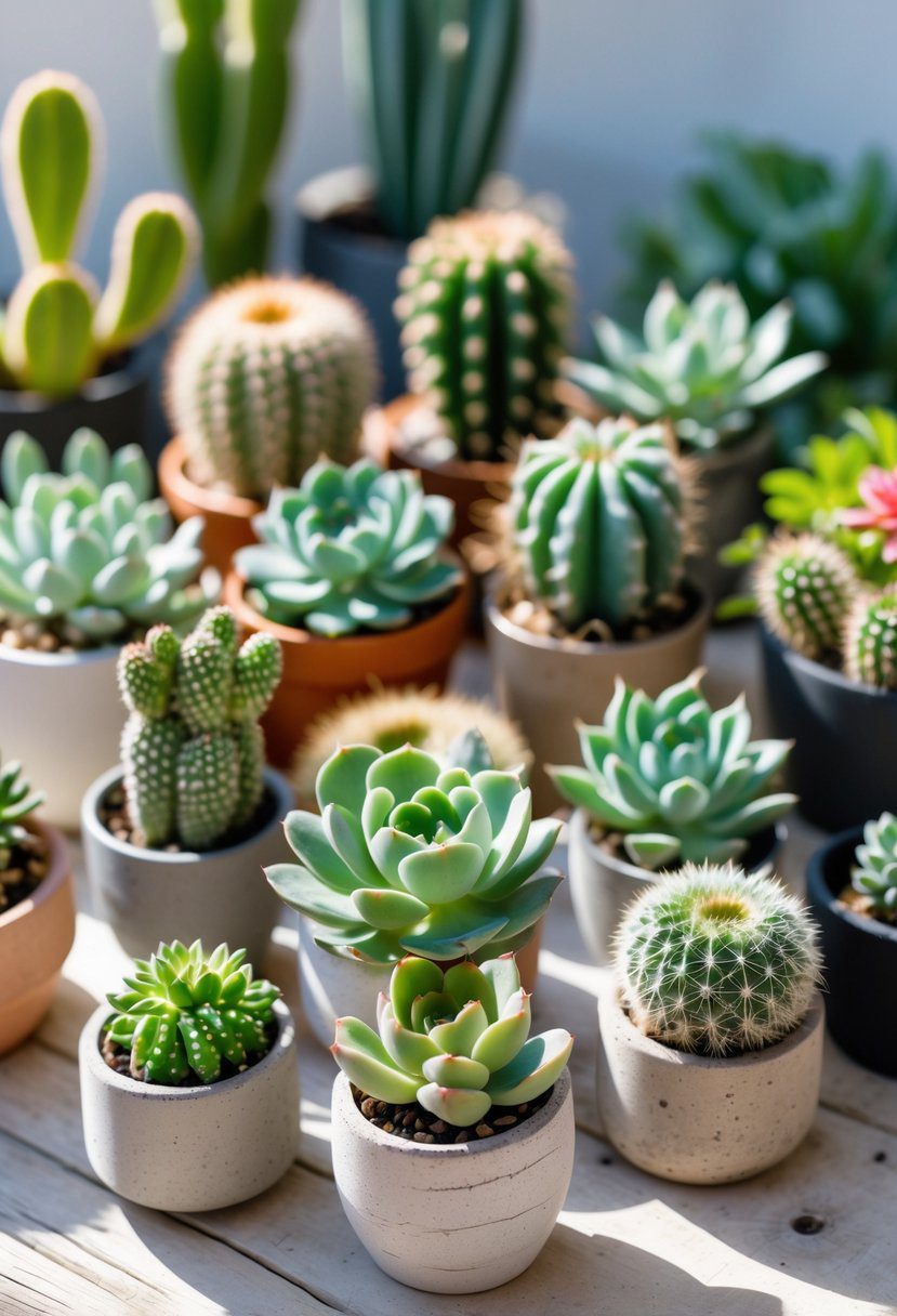 A collection of 16 small succulent and cactus plants arranged in various pots on a wooden surface.