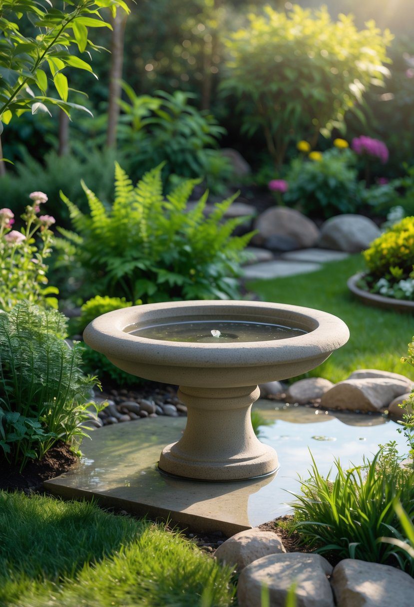 A small stone birdbath filled with water surrounded by green plants and flowers in a garden.