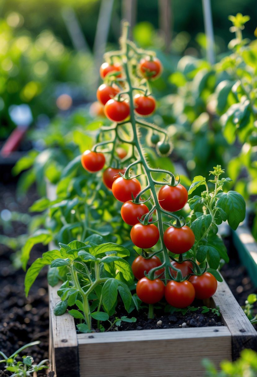 A compact vegetable patch with cherry tomato plants growing in raised beds, showing ripe red tomatoes and green leaves.