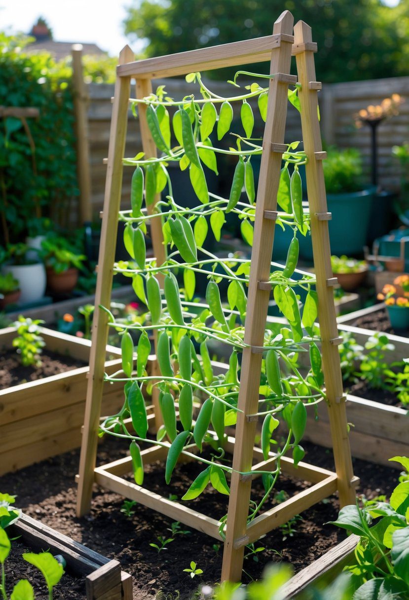 A wooden trellis supporting green pea plants with pods in a small garden surrounded by potted plants and garden beds.