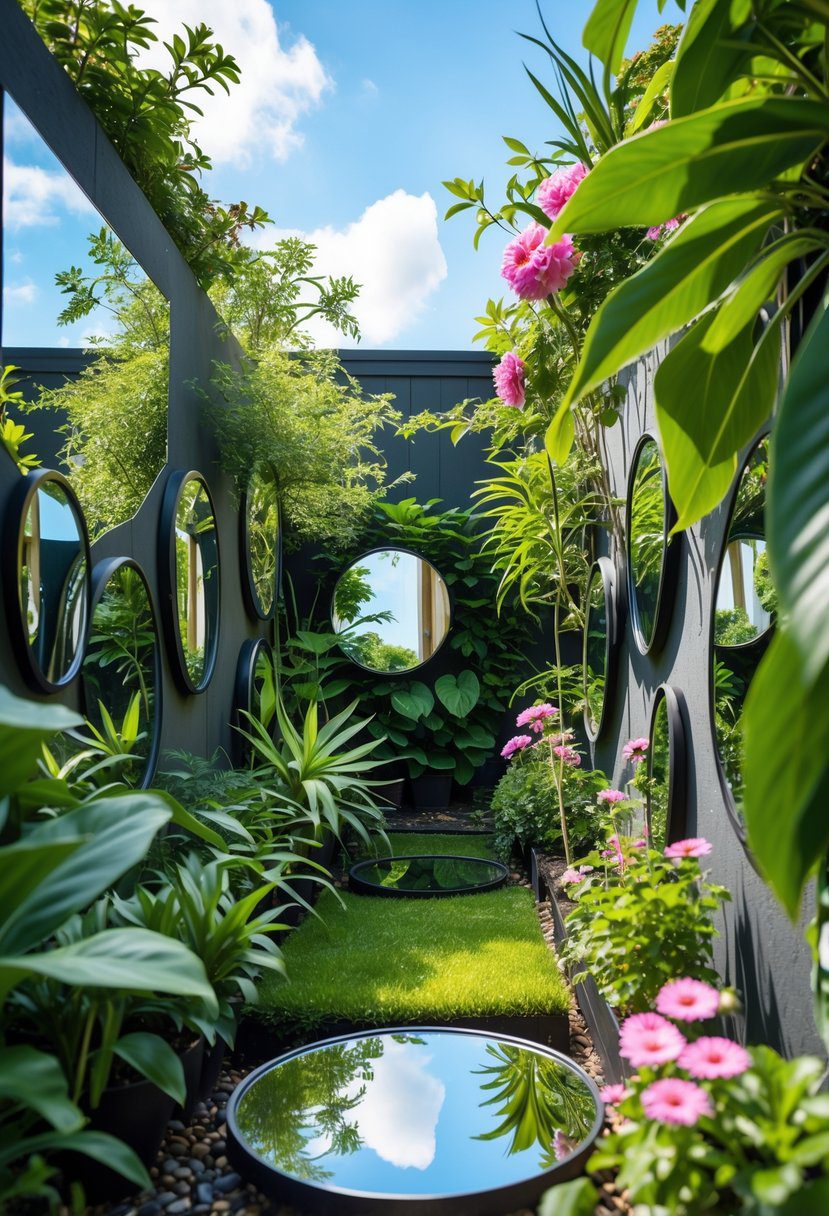 A small garden with green plants and flowers, featuring mirrors that reflect the greenery to create a sense of depth.