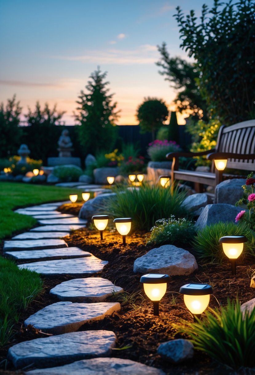 A garden at dusk with sixteen small solar-powered lights glowing along pathways and flower beds, surrounded by plants and decorative elements.
