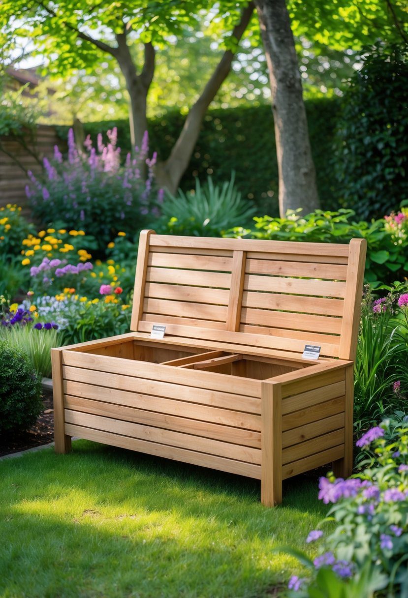 Wooden garden bench with built-in storage in a green garden surrounded by flowers and plants.