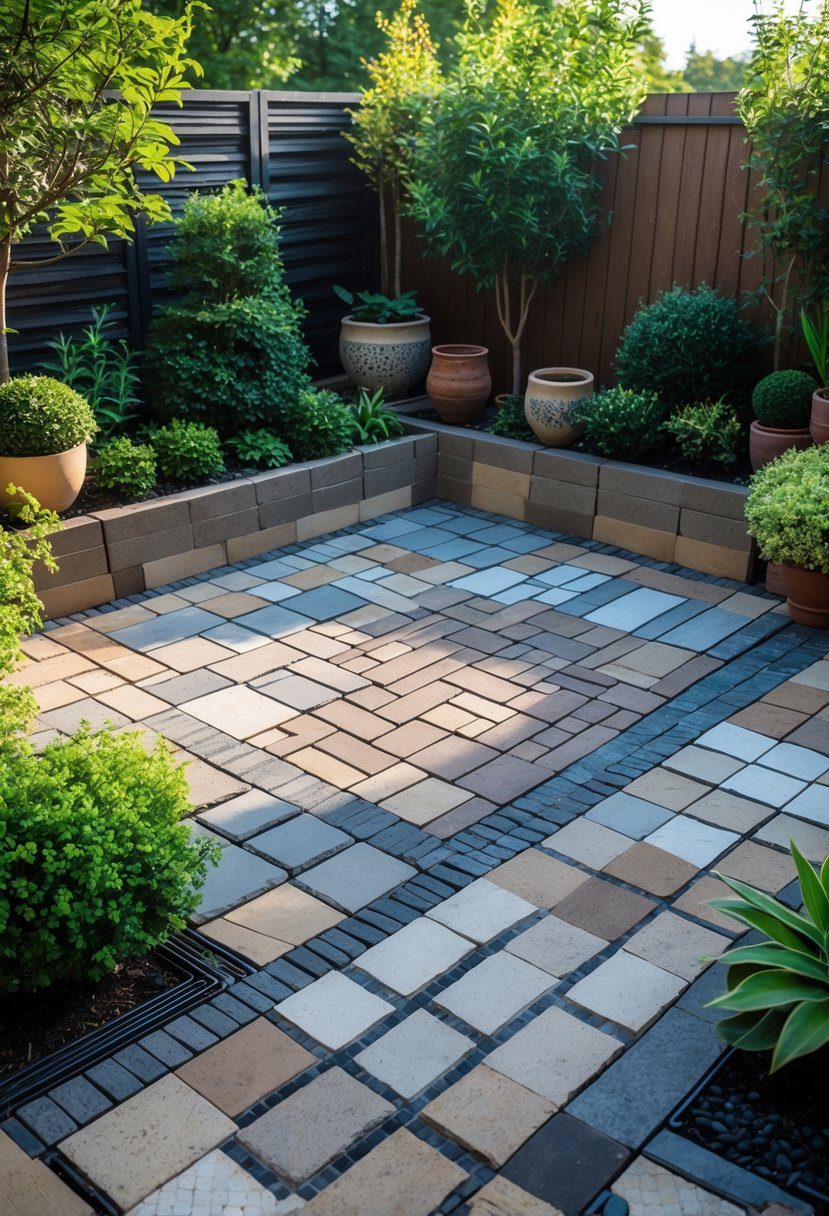 A small garden with various paving patterns surrounded by green plants and shrubs.