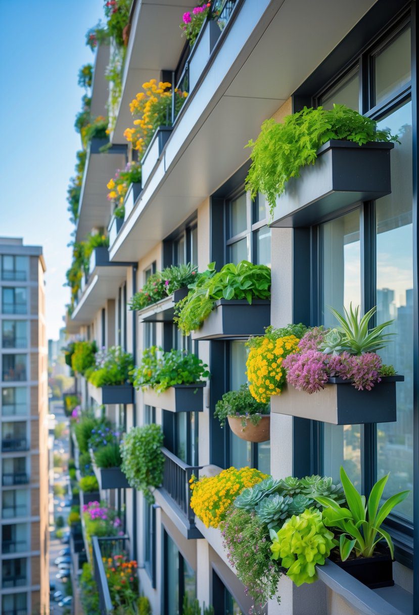 Sixteen small window box gardens with various plants on balconies of an apartment building.