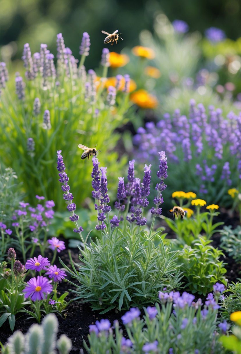 A small garden filled with blooming lavender and other flowering plants attracting bees and butterflies.