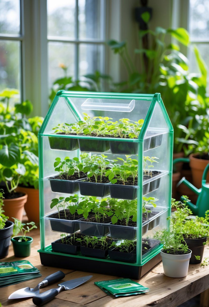 Mini greenhouse with seedlings on shelves placed on a wooden table surrounded by gardening tools and plants in a bright indoor garden setting.