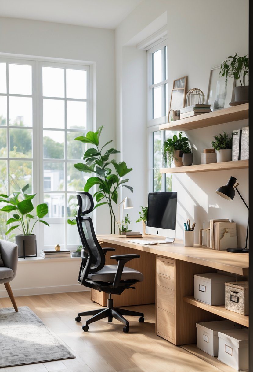 A bright home office with a wooden desk, computer, ergonomic chair, plants, bookshelves, and a cozy reading nook by a window.