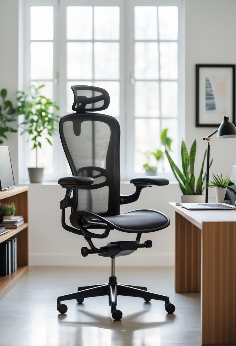 A modern home office with an ergonomic chair at a wooden desk, laptop, plants, and natural light coming through large windows.
