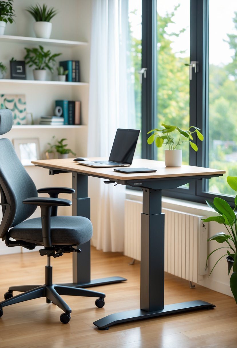 A modern home office with a standing desk set at standing height, a laptop, chair, and plants near a large window.