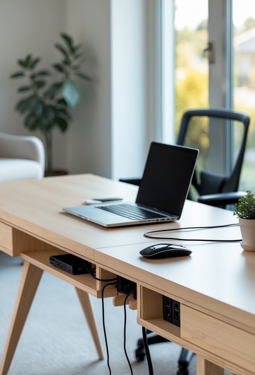 A clean home office desk with a laptop, mouse, plant, and hidden cables in a bright room.