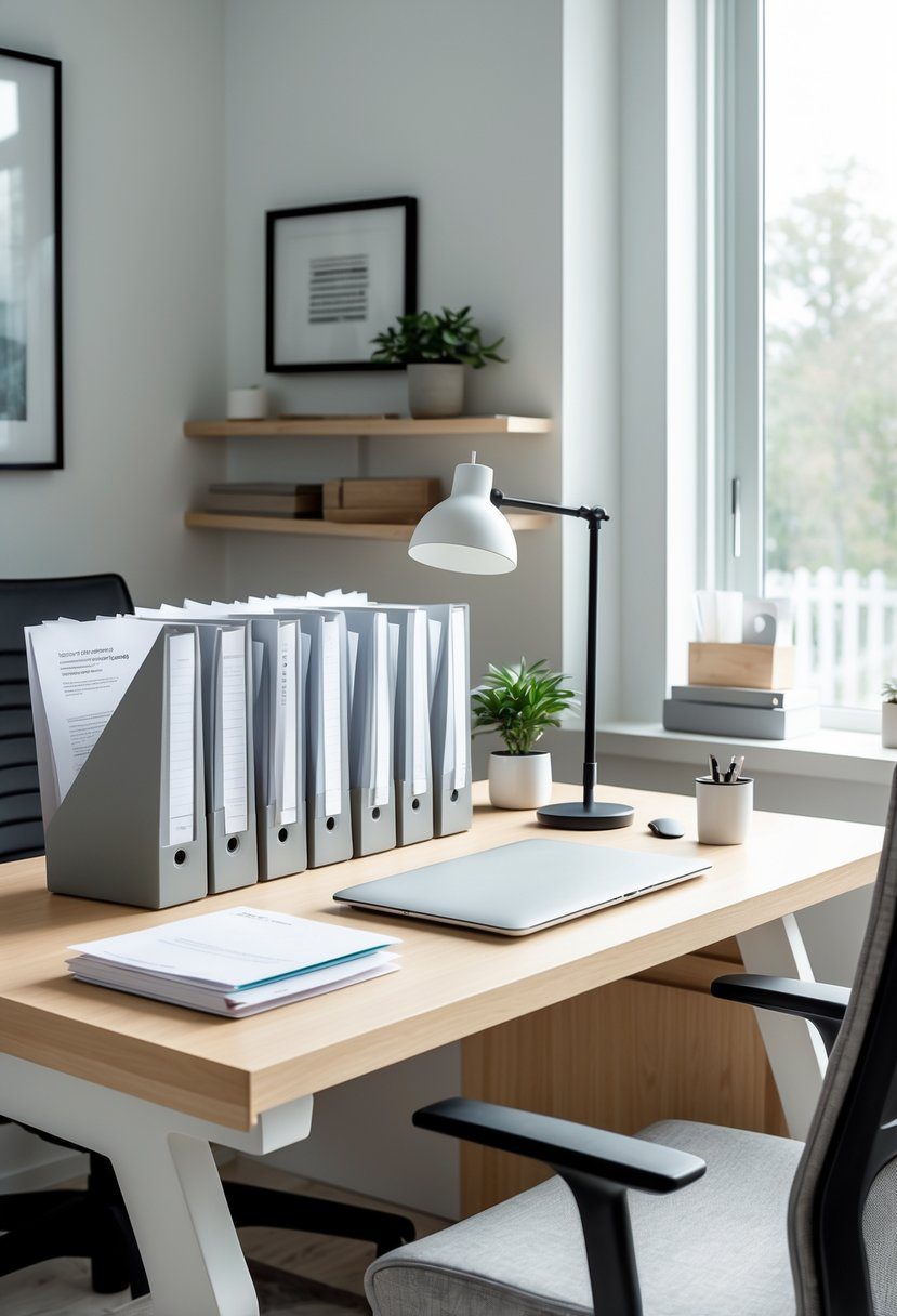 A tidy home office desk with vertical file organizers holding documents, a laptop, a desk lamp, and a small plant near a window.