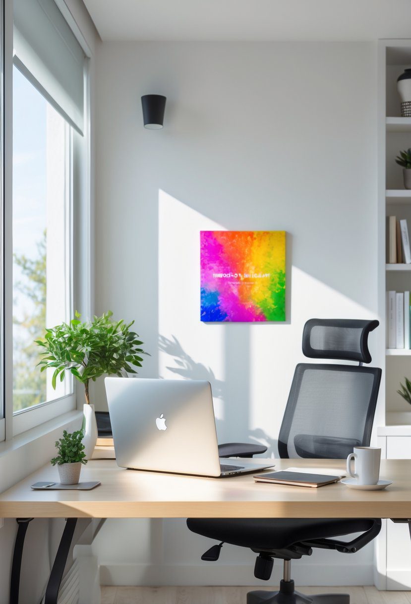 A home office with a desk, laptop, coffee cup, small colorful art piece on the wall, a chair, and a potted plant near a window.