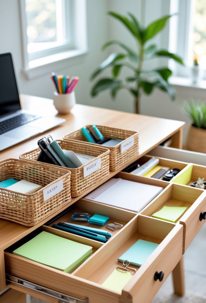 A clean home office desk with labeled baskets and drawer dividers neatly organizing office supplies.
