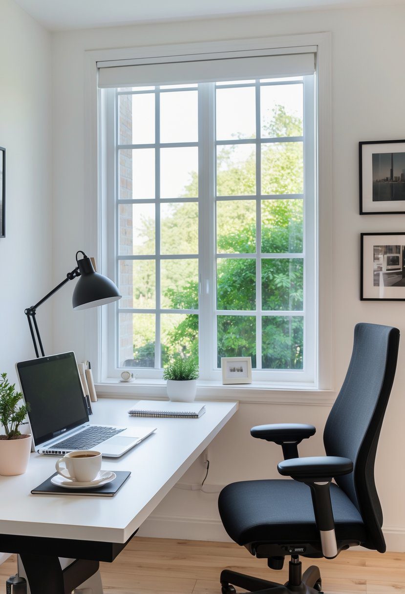 A home office with a desk facing a large window, a laptop on the desk, a chair, and plants visible in the room.