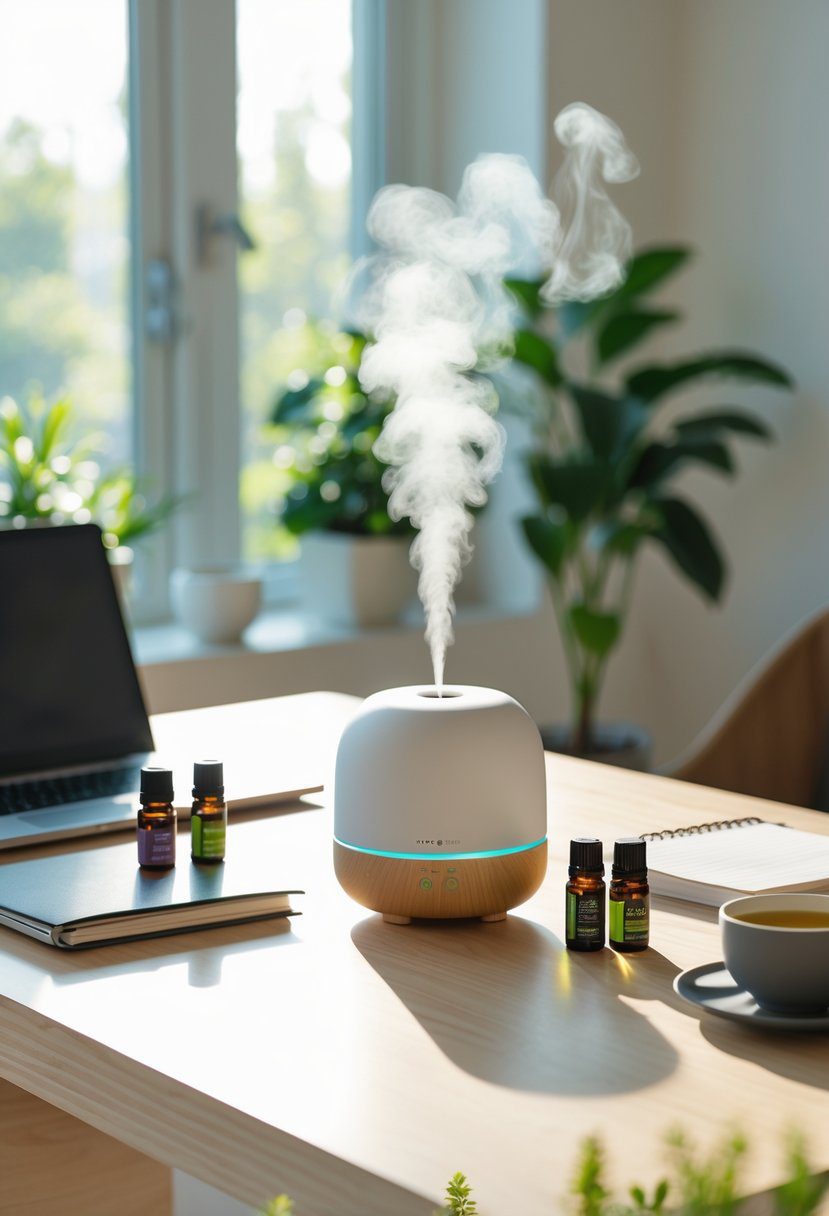 A home office desk with a diffuser releasing mist, essential oil bottles, a laptop, notebook, cup of tea, and a potted plant near a window.