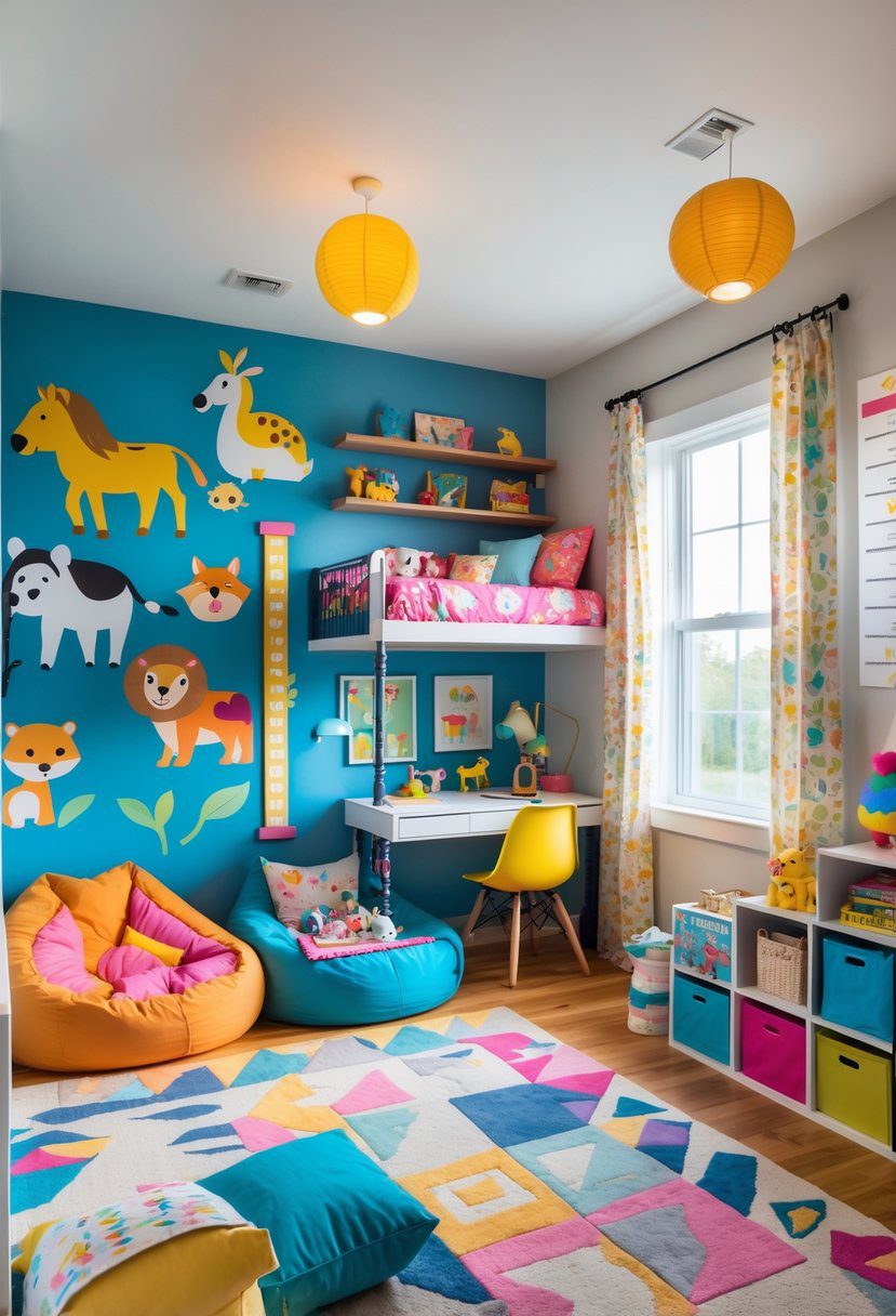 A kids' bedroom with colorful decor, bunk bed, reading nook, study desk, toys, and natural light.