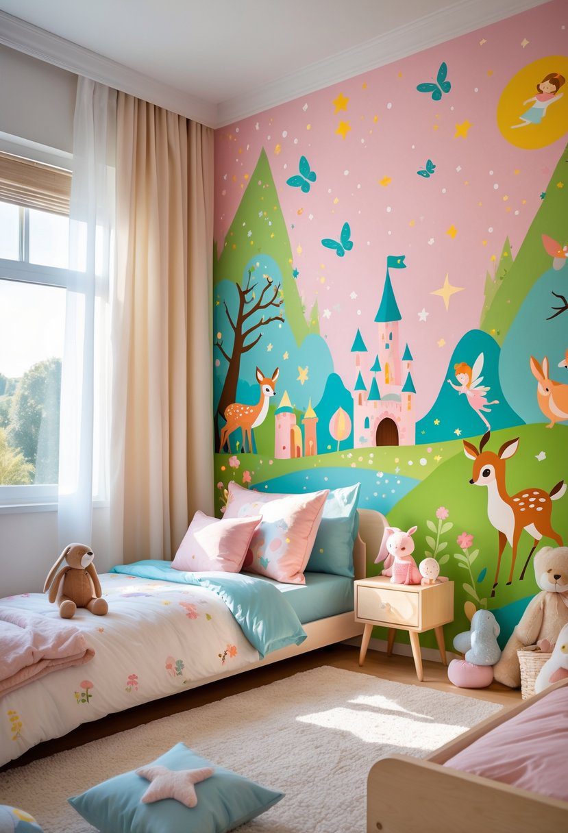Children's bedroom with a large colorful fairy tale mural featuring castles, fairies, and woodland animals.