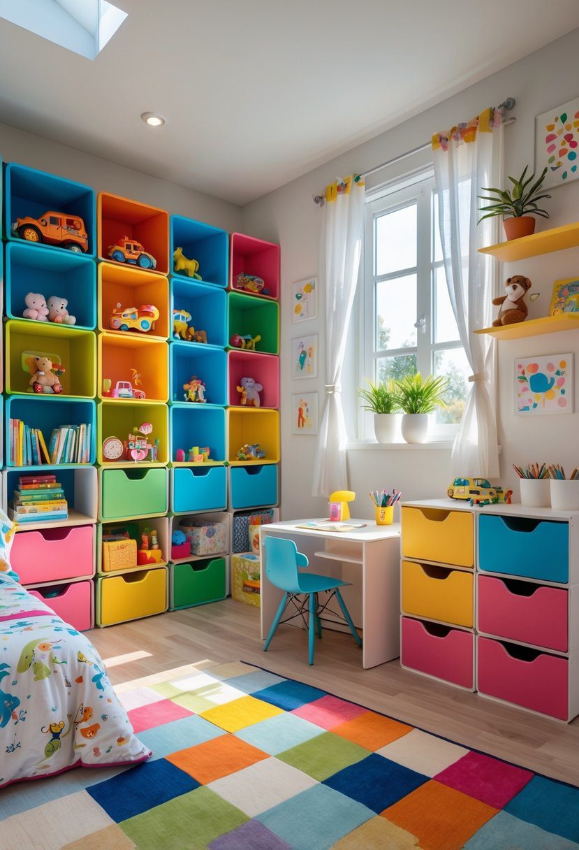 A children's bedroom with colorful modular storage units filled with toys and books, a cozy bed, a small desk, and playful decorations.