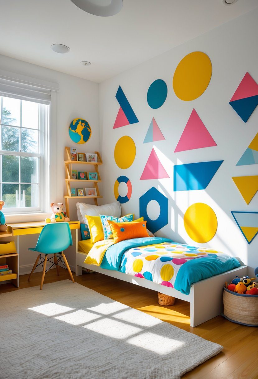 A kids' bedroom with colorful geometric wall decals, a bed, desk, and toys in a bright and tidy space.