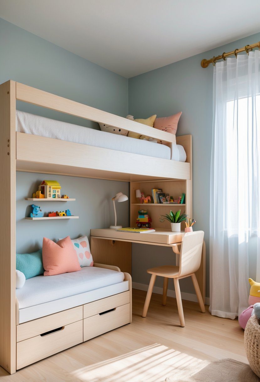 Children's bedroom with a built-in loft bed and a desk underneath, decorated with books, toys, and soft lighting.