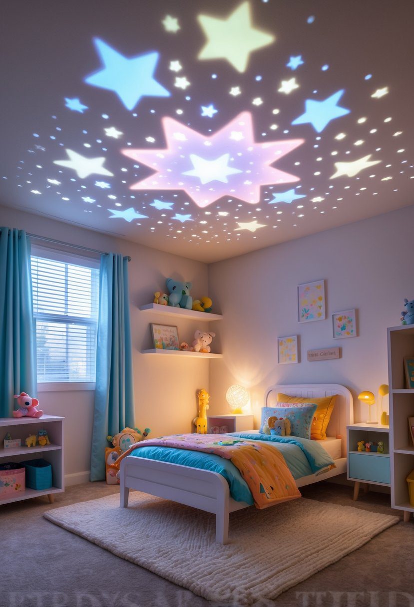A children's bedroom with a ceiling star projector casting colorful star patterns on the ceiling and walls, featuring a small bed, plush toys, and shelves with books.