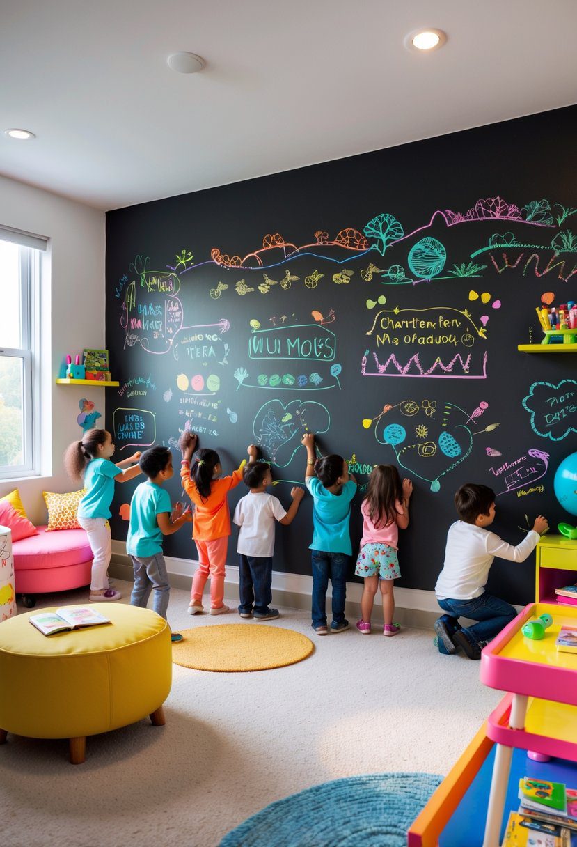 A children's bedroom with ten kids drawing and playing in front of a large interactive chalkboard wall.
