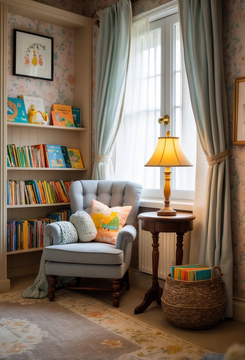 A cozy reading nook in a child's bedroom with a small bookshelf, cushioned armchair, side table with lamp, and soft natural light.