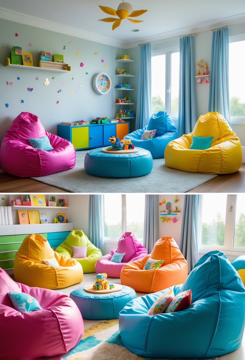 A kids' bedroom with multiple colorful bean bag chairs arranged around the room, decorated with toys, books, and bright natural light.