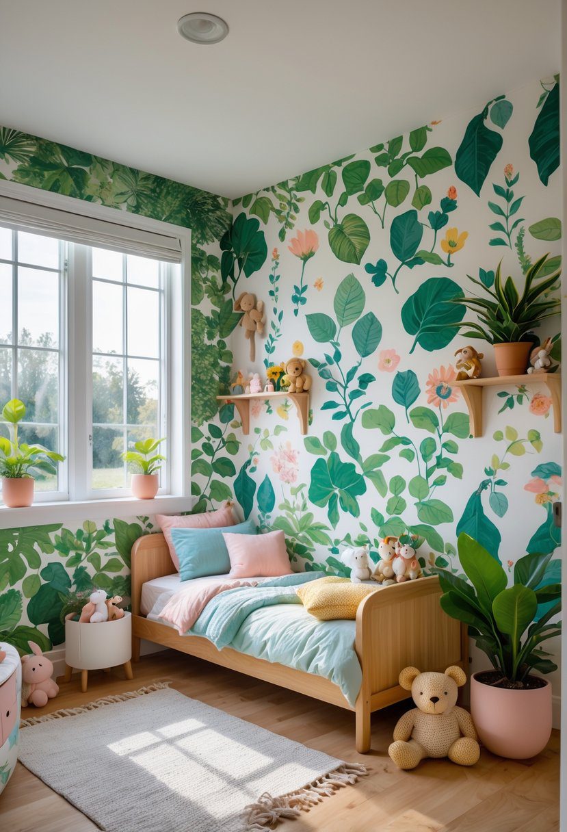 A children's bedroom with botanical wallpaper, wooden bed, toys, cushions, and potted plants near a window.