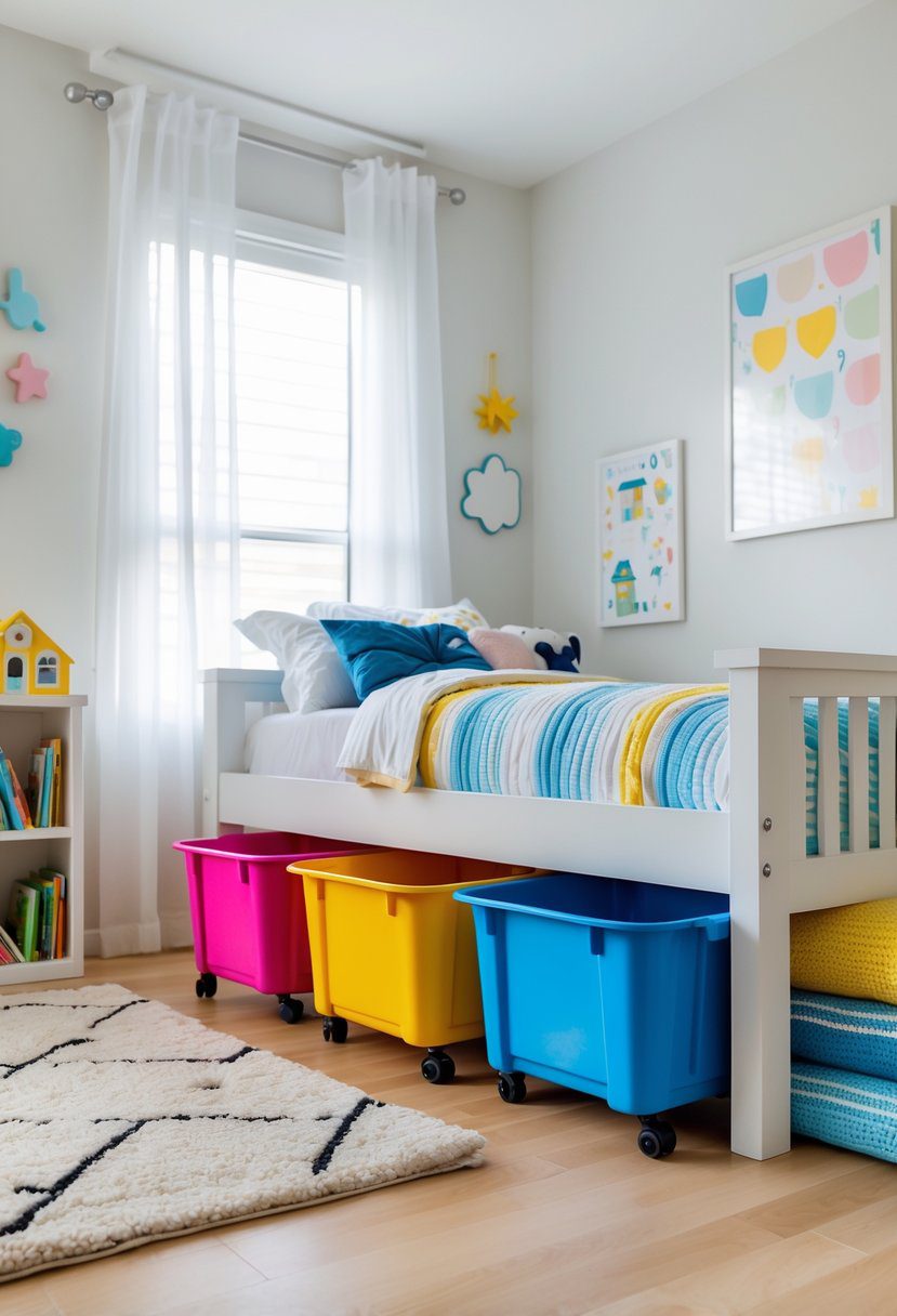 Children's bedroom with under-bed rolling toy bins organized neatly beneath the bed and colorful decor around the room.