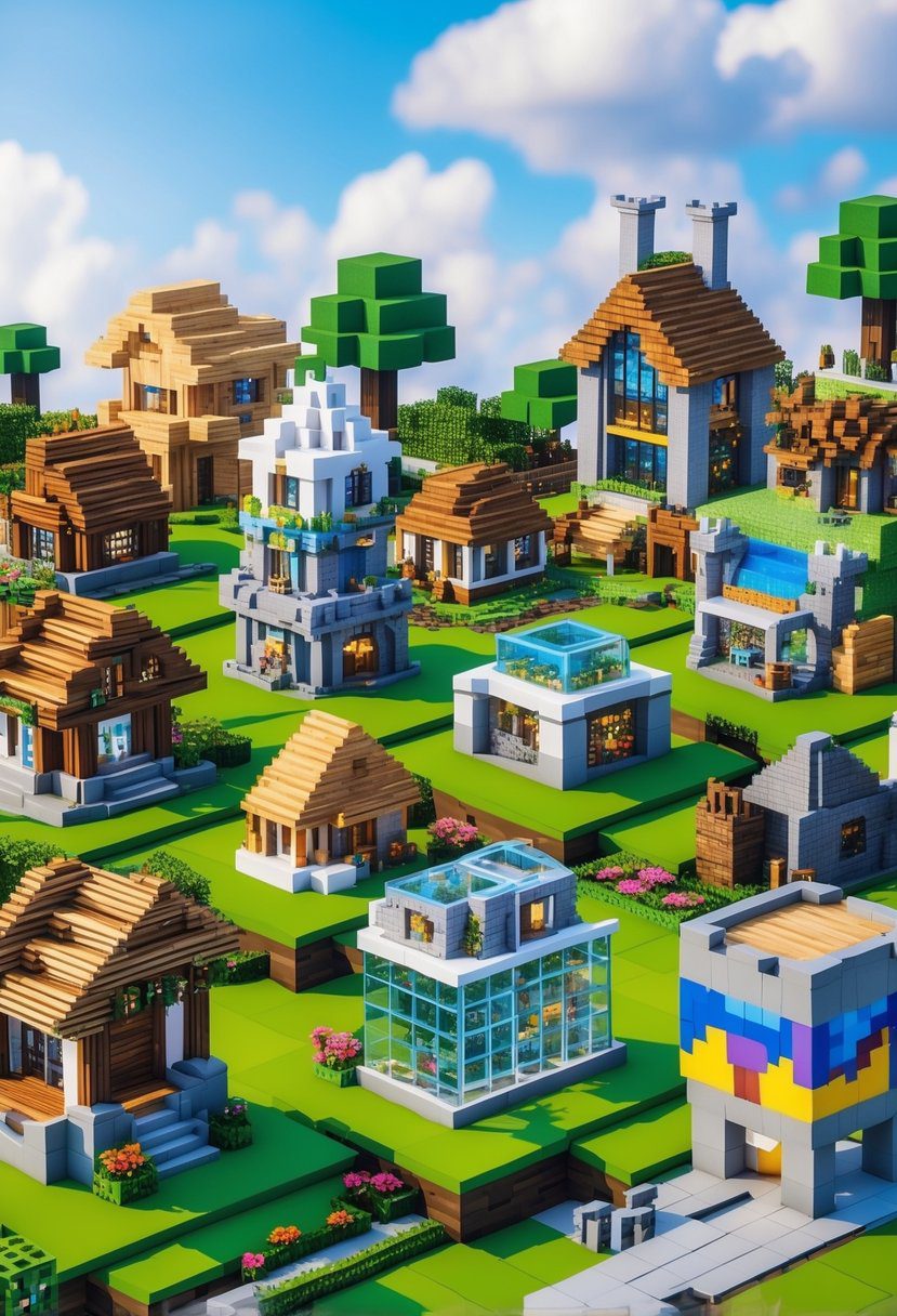 A collection of 15 different Minecraft houses in an outdoor setting with grass, trees, and a blue sky.