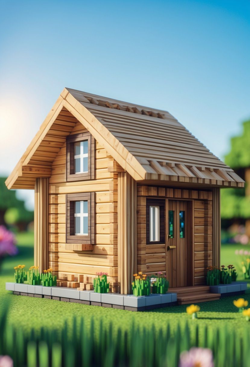 A small wooden cottage surrounded by green grass and plants under a clear blue sky.