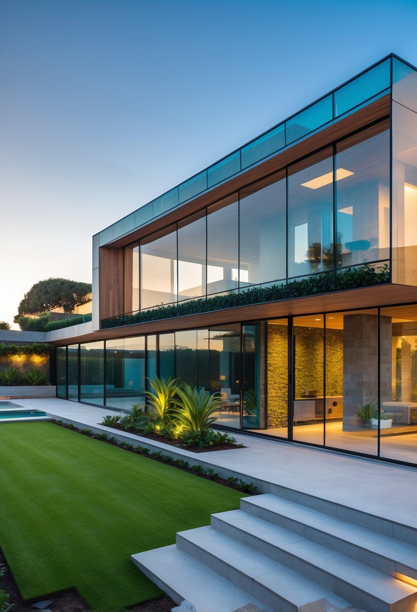 A modern glass villa with large windows surrounded by greenery under a clear sky.