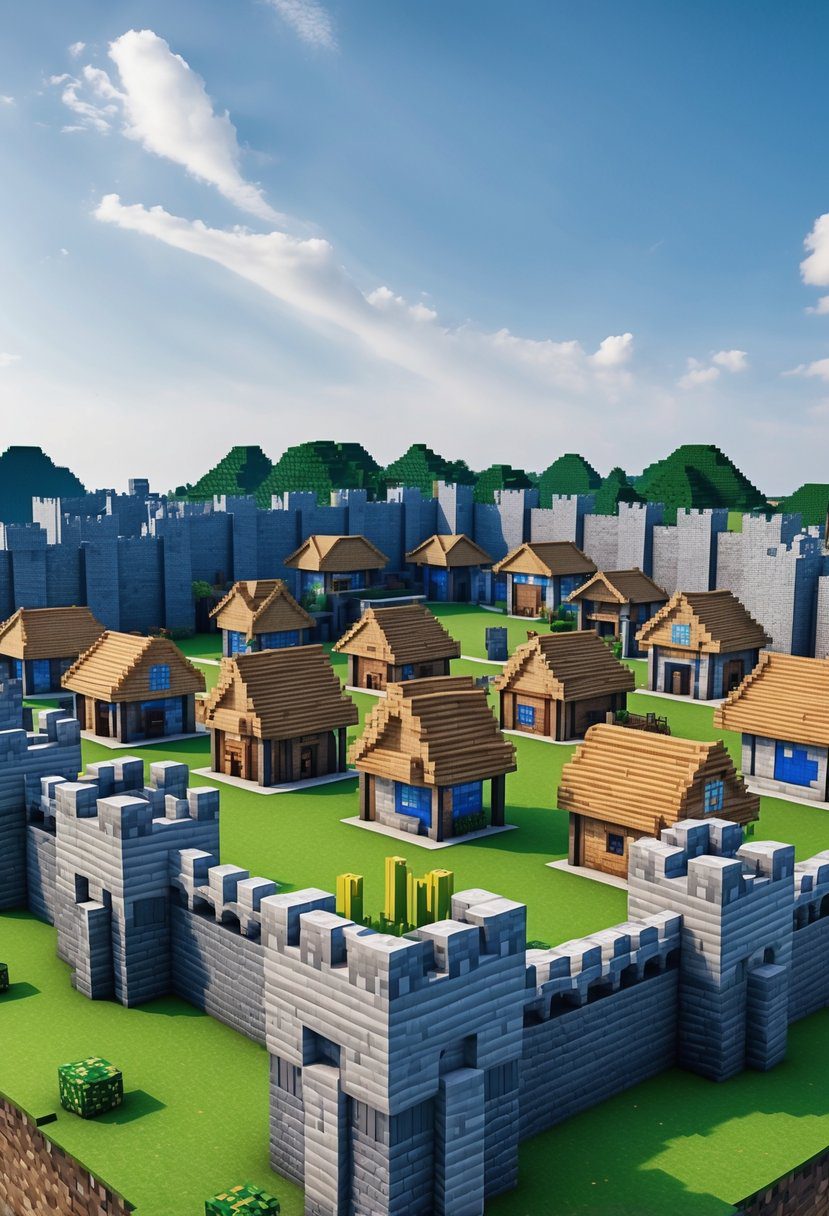 A medieval stone fortress with 15 small houses inside, surrounded by green grass under a clear sky.