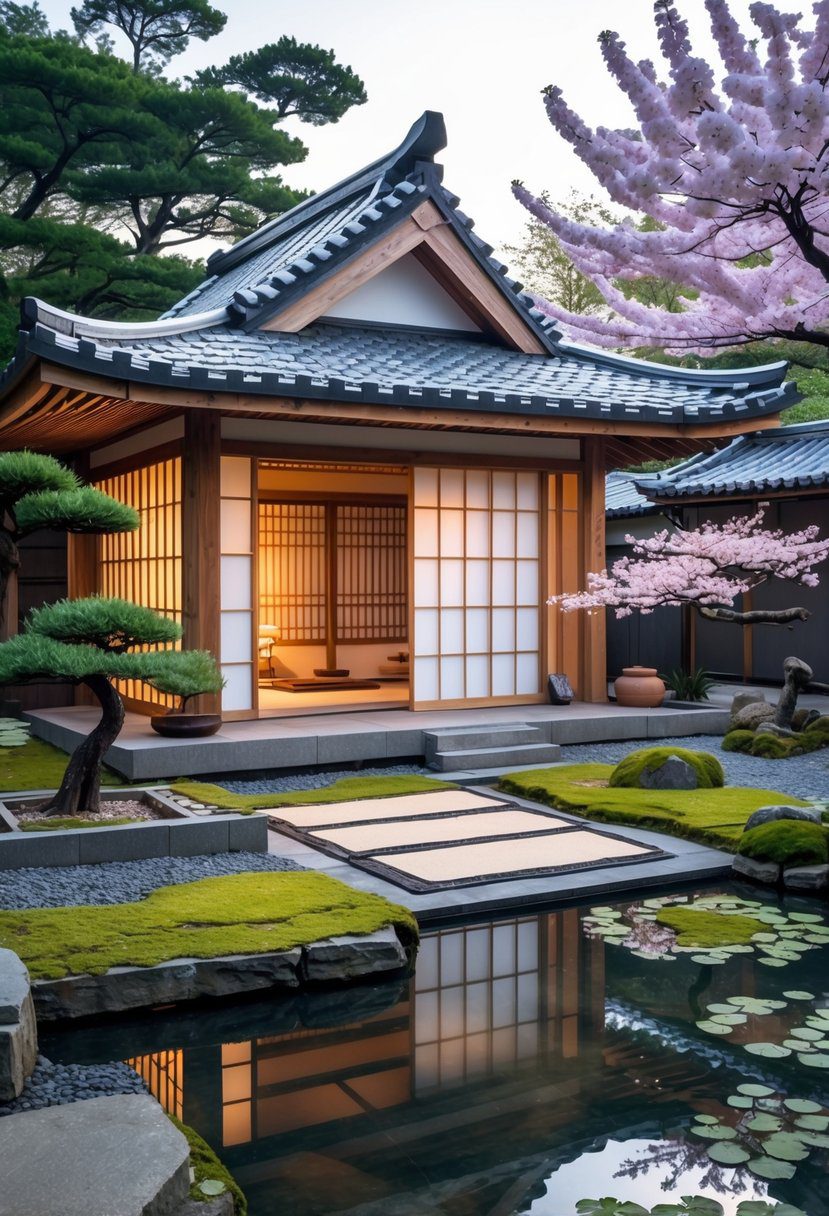 A wooden Japanese house surrounded by a tranquil garden with cherry blossom trees, bonsai, and a koi pond.