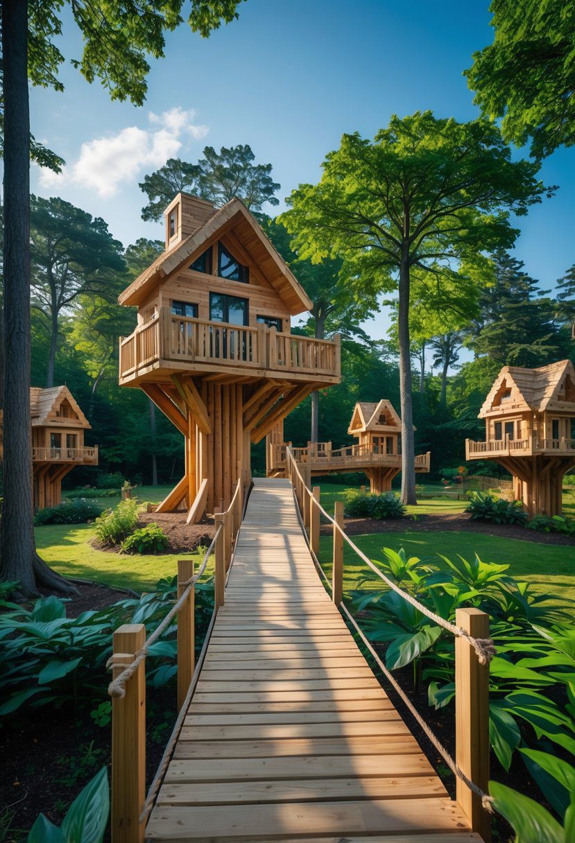 A forest scene with two wooden treehouses connected by a rope bridge, surrounded by several small blocky houses among tall trees.