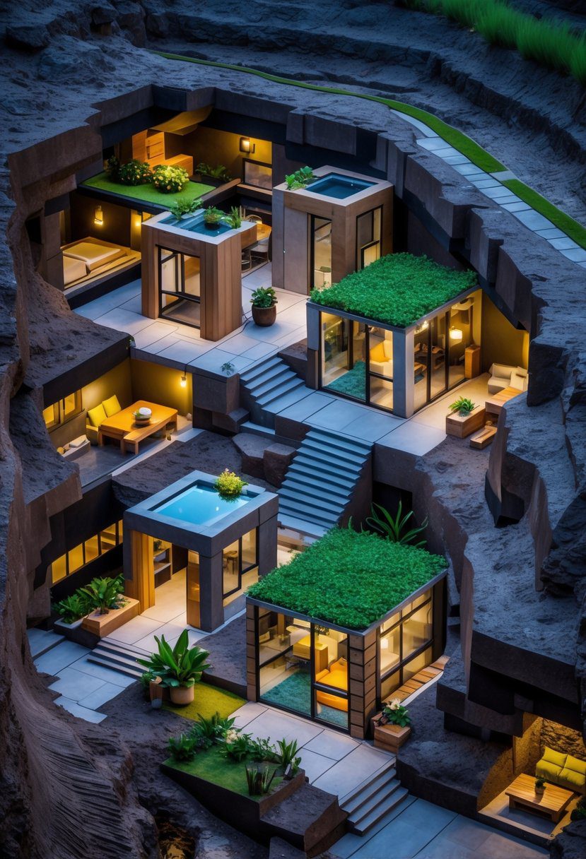 Cross-sectional view of an underground area with multiple small houses built into the earth, connected by pathways and surrounded by soil and rocks.