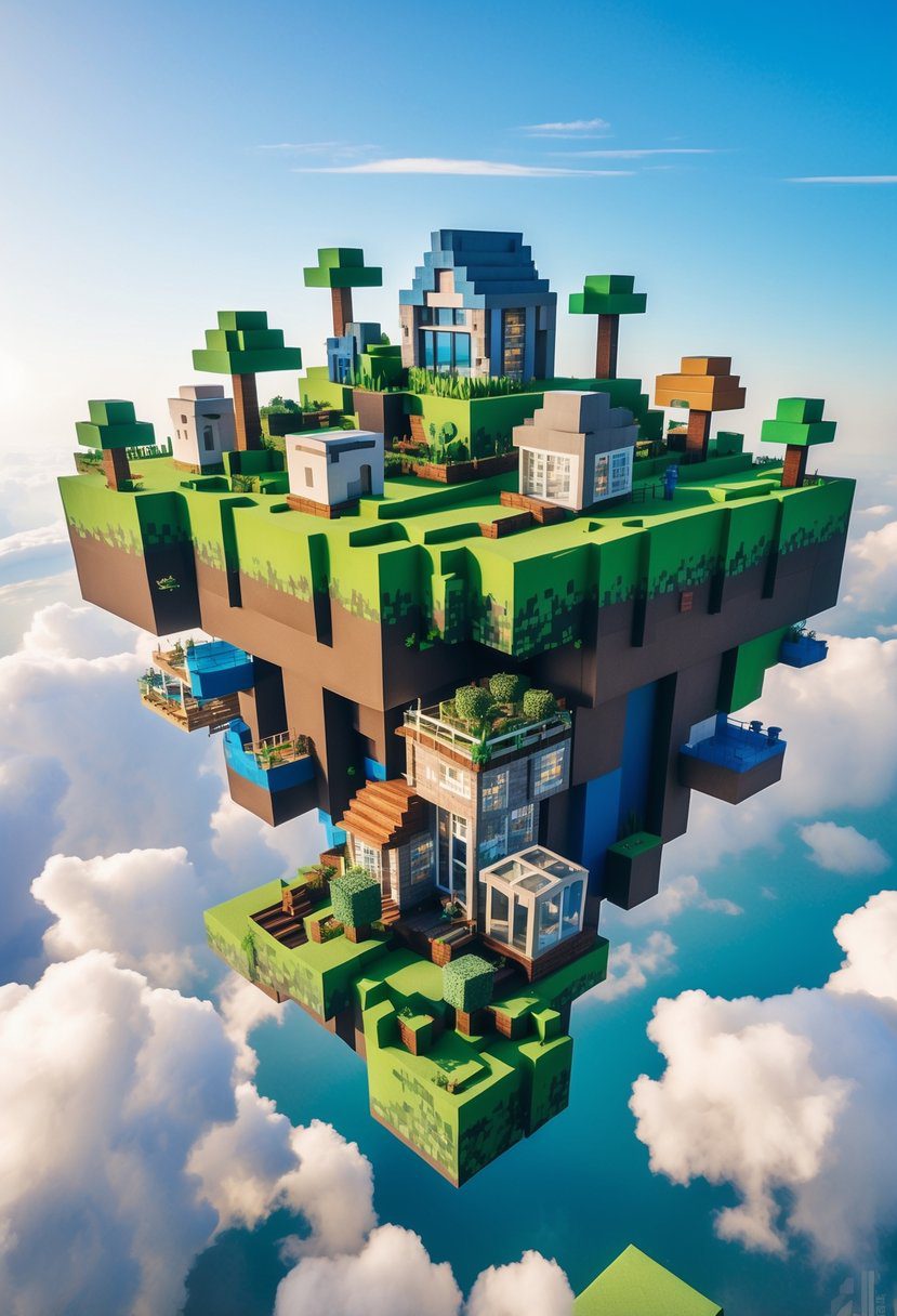 A floating island in the sky with 15 different Minecraft-style houses surrounded by trees and pathways.
