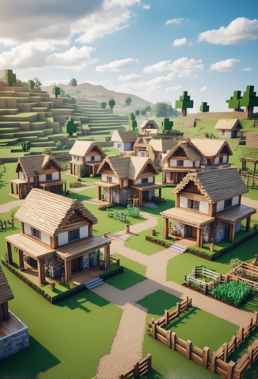 A village of 15 Minecraft houses with wooden and stone structures surrounded by grass, dirt paths, fences, and gardens under a blue sky.