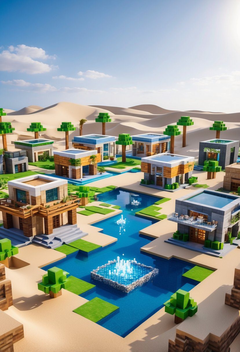 A desert oasis with a pond surrounded by 15 unique Minecraft-style houses and palm trees.