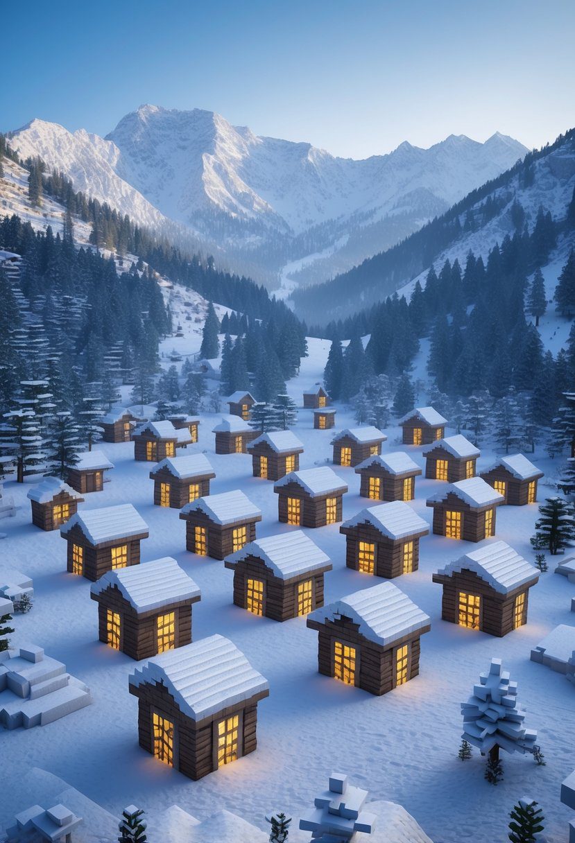 A snowy mountain landscape with 15 wooden cabins surrounded by pine trees and snow-covered ground.