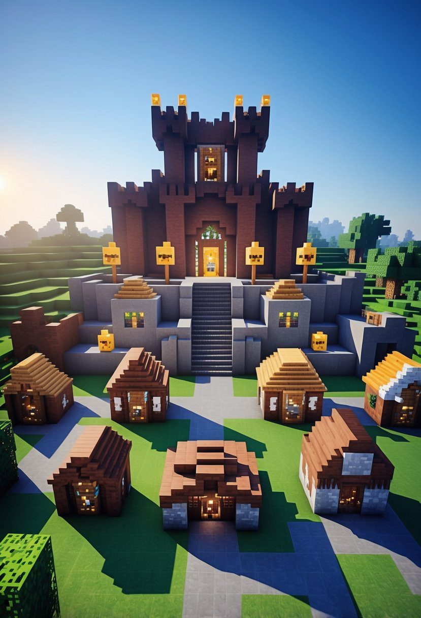 A Minecraft scene showing a large dark red brick castle surrounded by fifteen different houses with trees and grass under a clear sky.